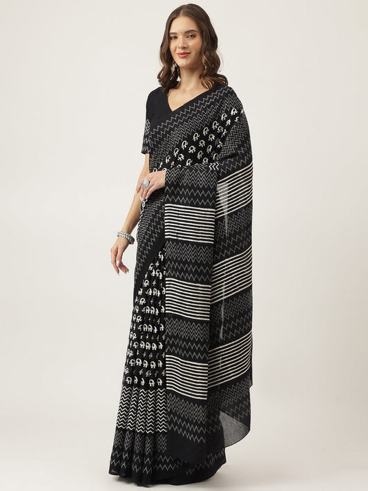 Black Hand Block Mulmul Cotton Saree | LASVINI - Redefining Indian Fashion with Elegance
