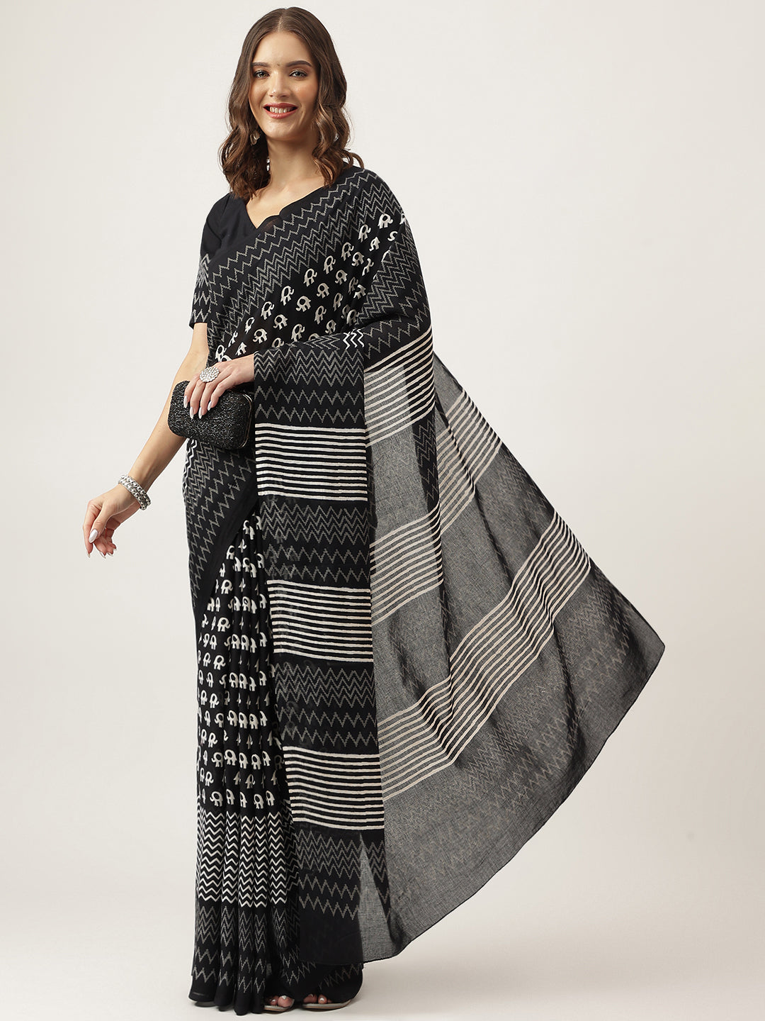 Black Hand Block Mulmul Cotton Saree | LASVINI - Redefining Indian Fashion with Elegance