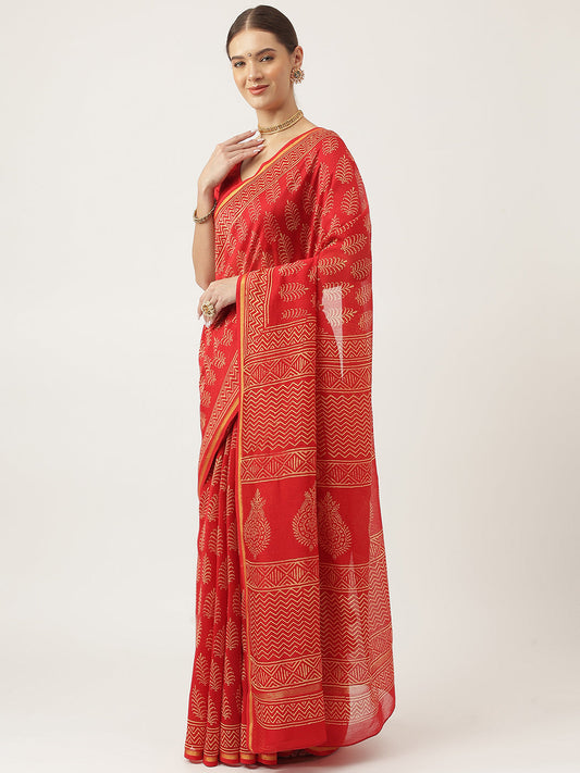 Red Hand Block Chanderi Silk Saree | LASVINI - Redefining Indian Fashion with Elegance
