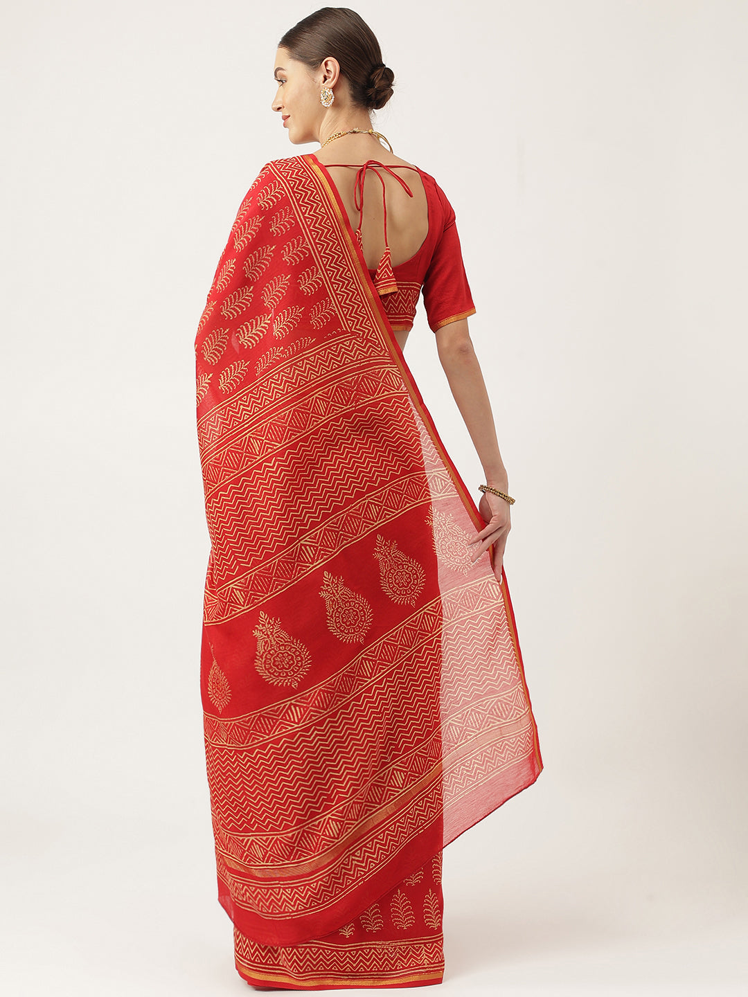 Red Hand Block Chanderi Silk Saree | LASVINI - Redefining Indian Fashion with Elegance