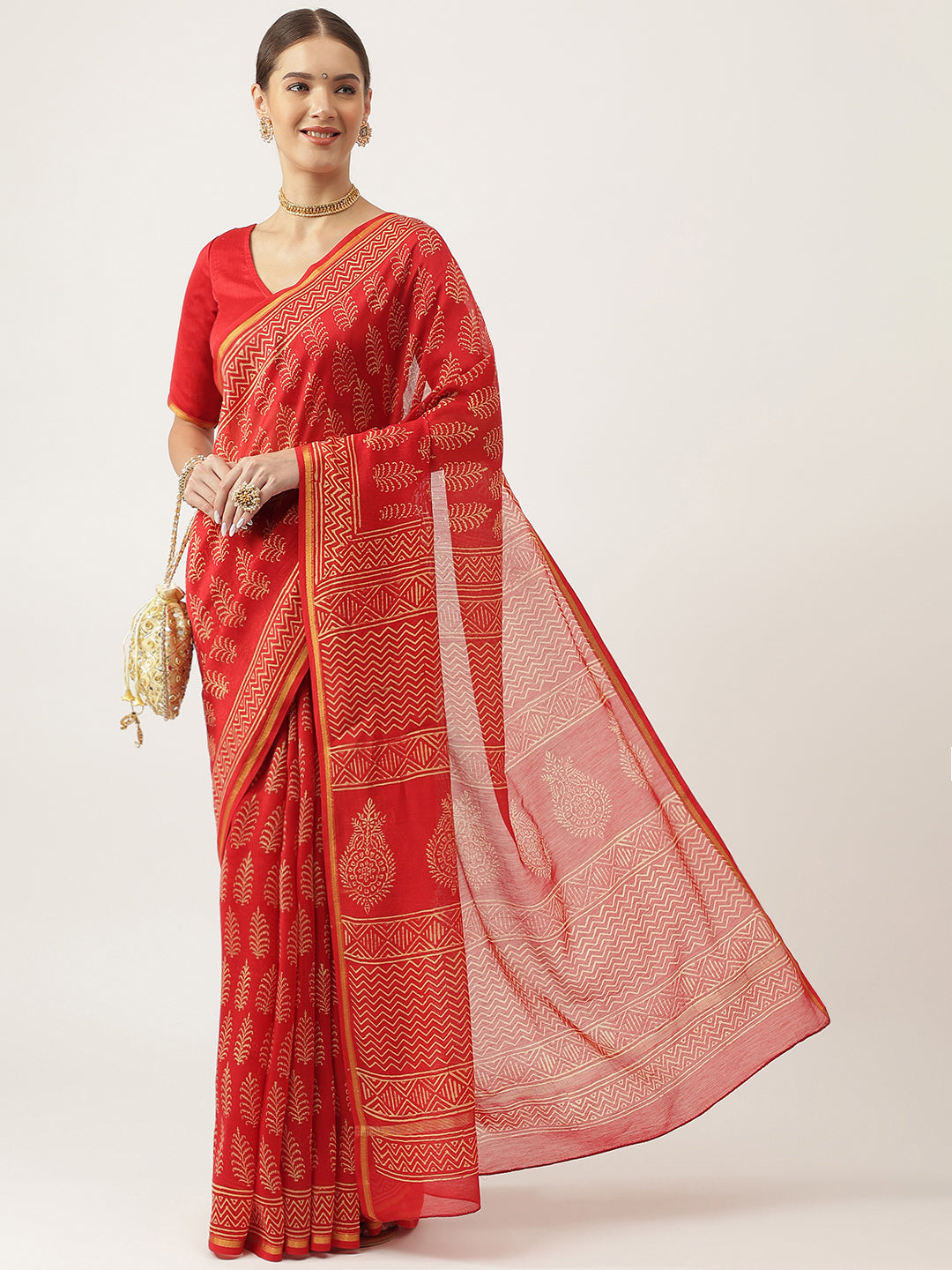 Red Hand Block Chanderi Silk Saree | LASVINI - Redefining Indian Fashion with Elegance
