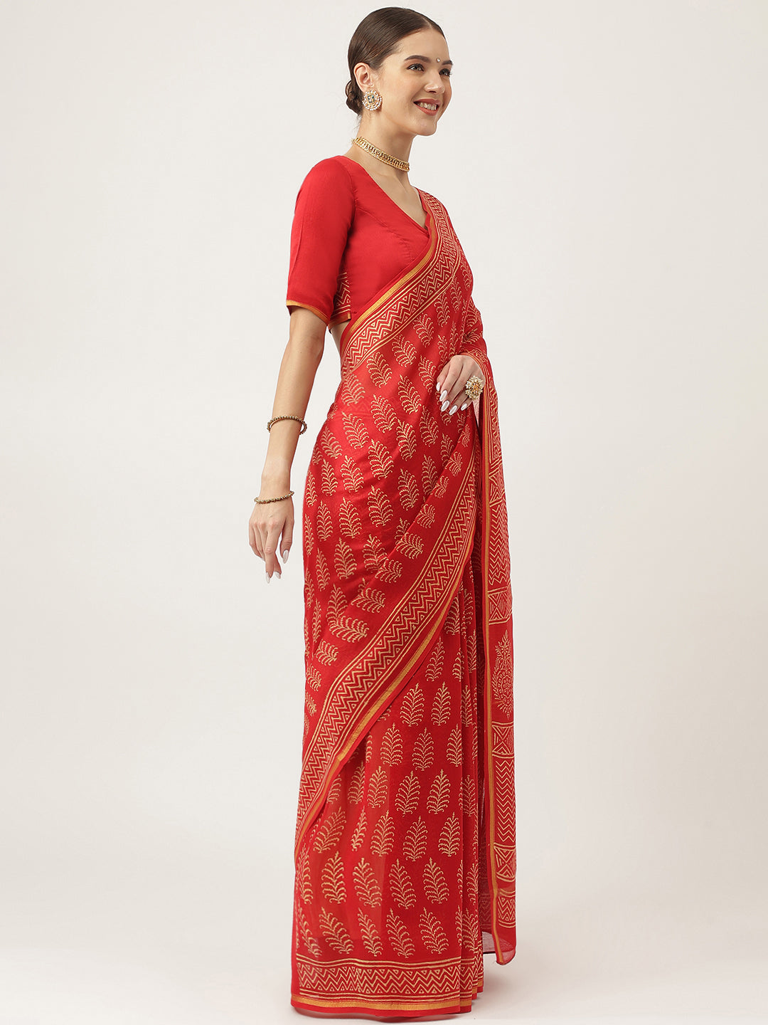 Red Hand Block Chanderi Silk Saree | LASVINI - Redefining Indian Fashion with Elegance