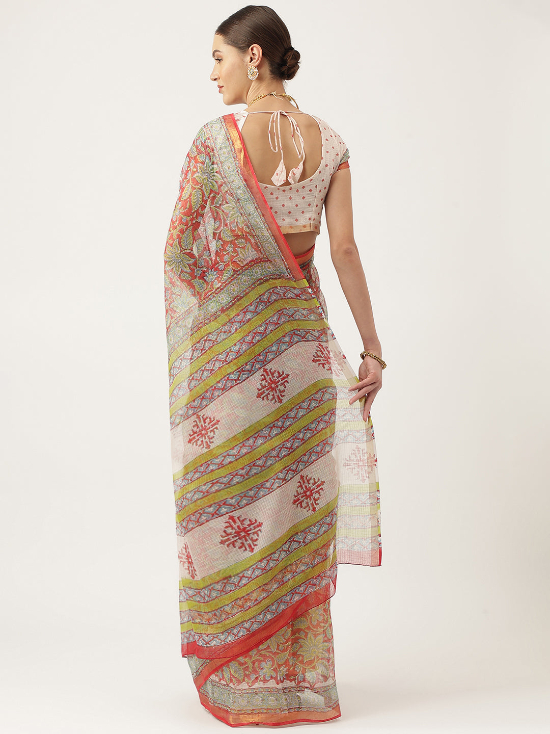 Maroon Hand Block Kota Doria Saree | LASVINI - Redefining Indian Fashion with Elegance