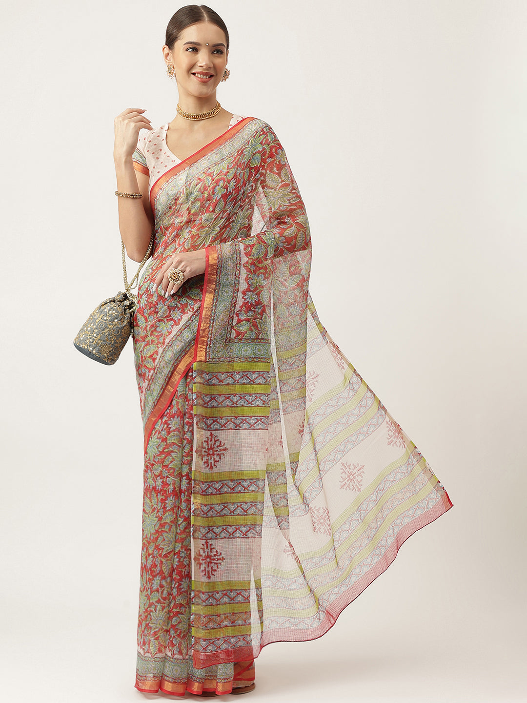 Maroon Hand Block Kota Doria Saree | LASVINI - Redefining Indian Fashion with Elegance