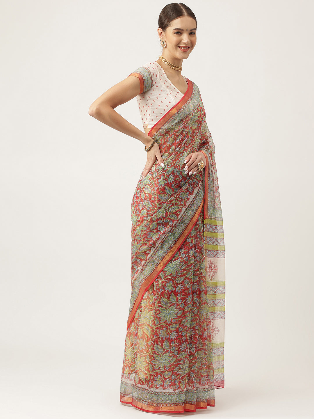 Maroon Hand Block Kota Doria Saree | LASVINI - Redefining Indian Fashion with Elegance
