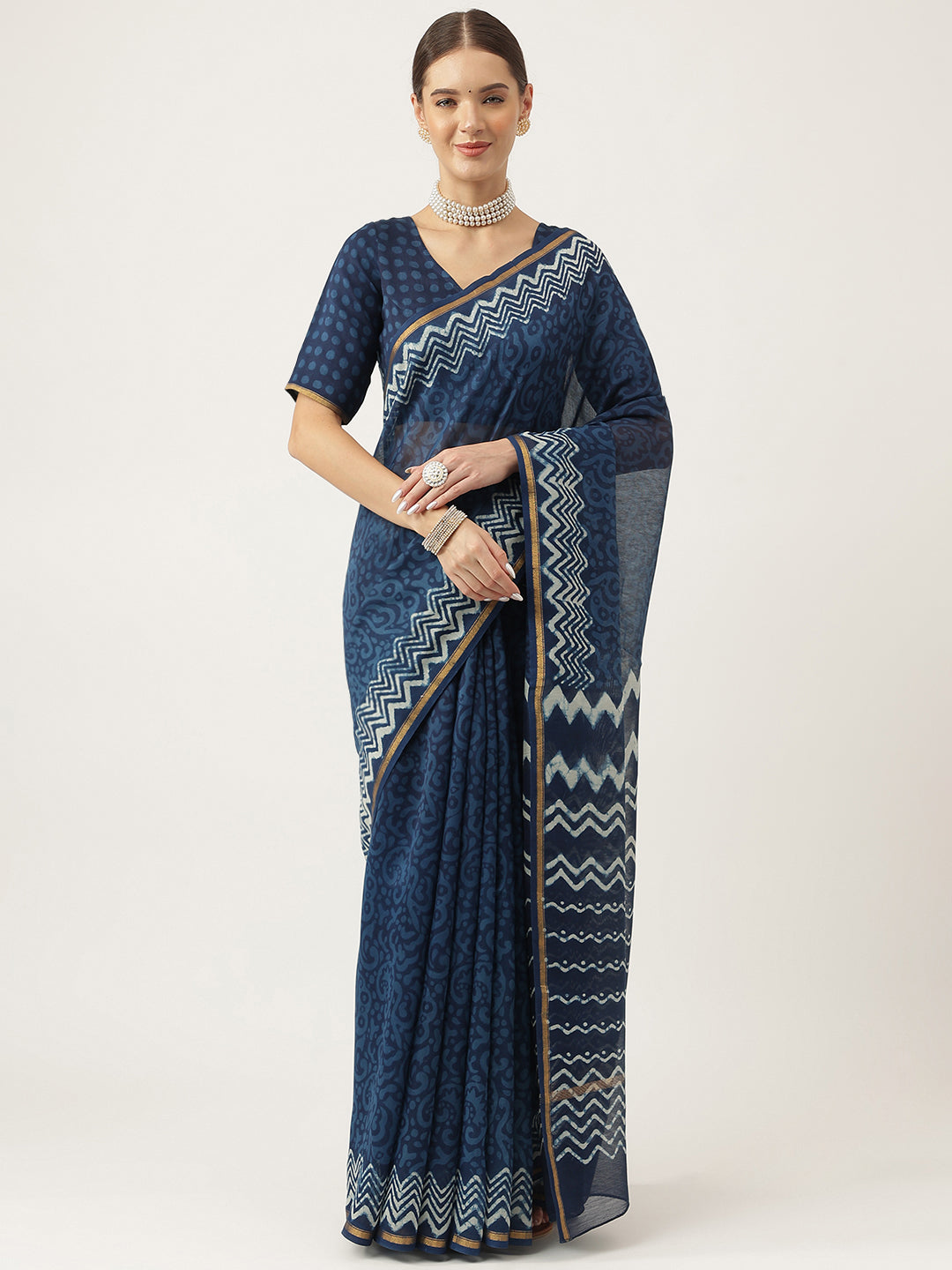 Indigo Blue Hand Block Chanderi Silk Saree | LASVINI - Redefining Indian Fashion with Elegance