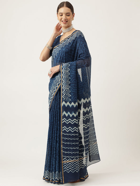 Indigo Blue Hand Block Chanderi Silk Saree | LASVINI - Redefining Indian Fashion with Elegance