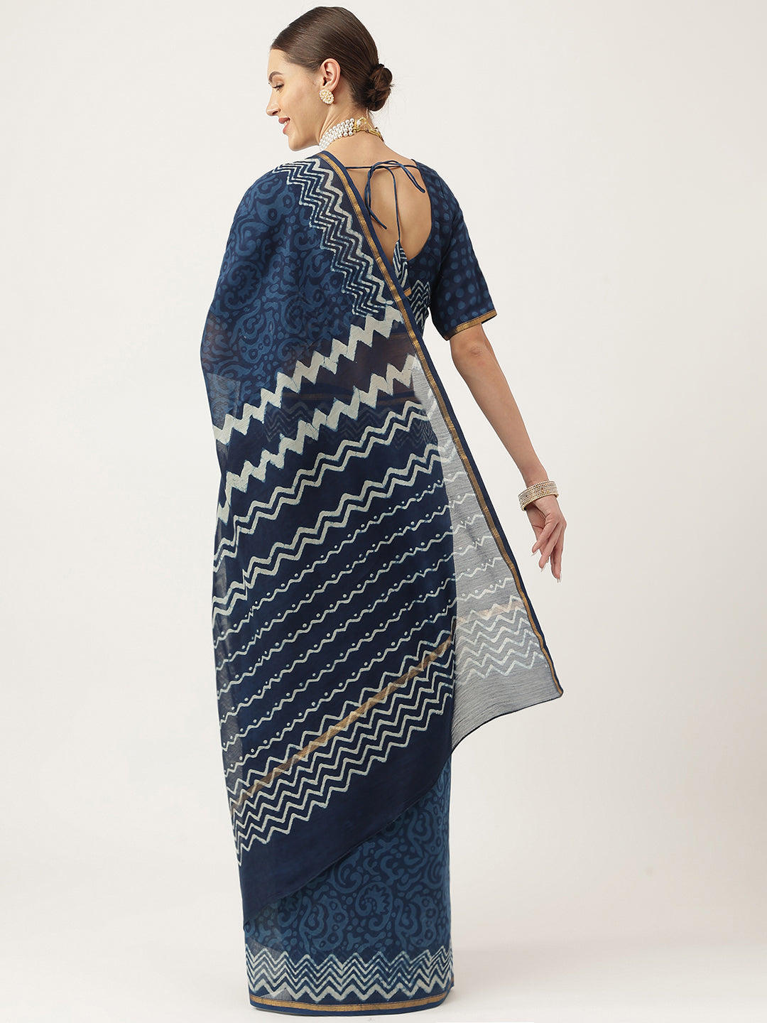 Indigo Blue Hand Block Chanderi Silk Saree | LASVINI - Redefining Indian Fashion with Elegance