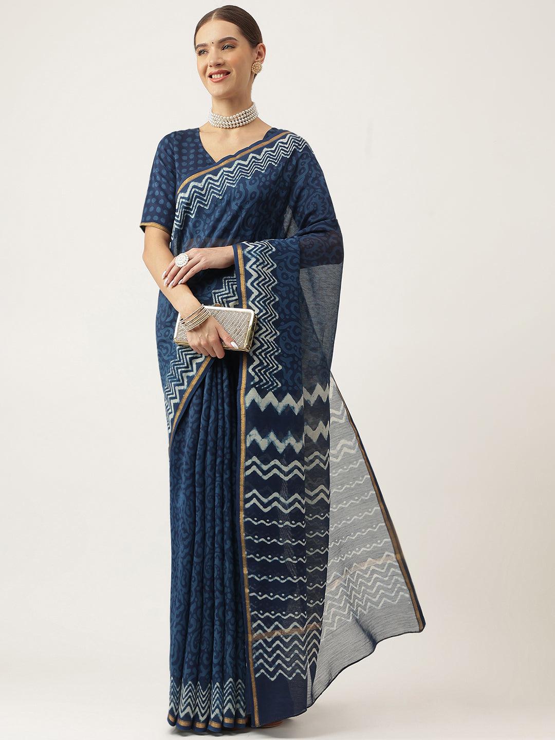 Indigo Blue Hand Block Chanderi Silk Saree | LASVINI - Redefining Indian Fashion with Elegance