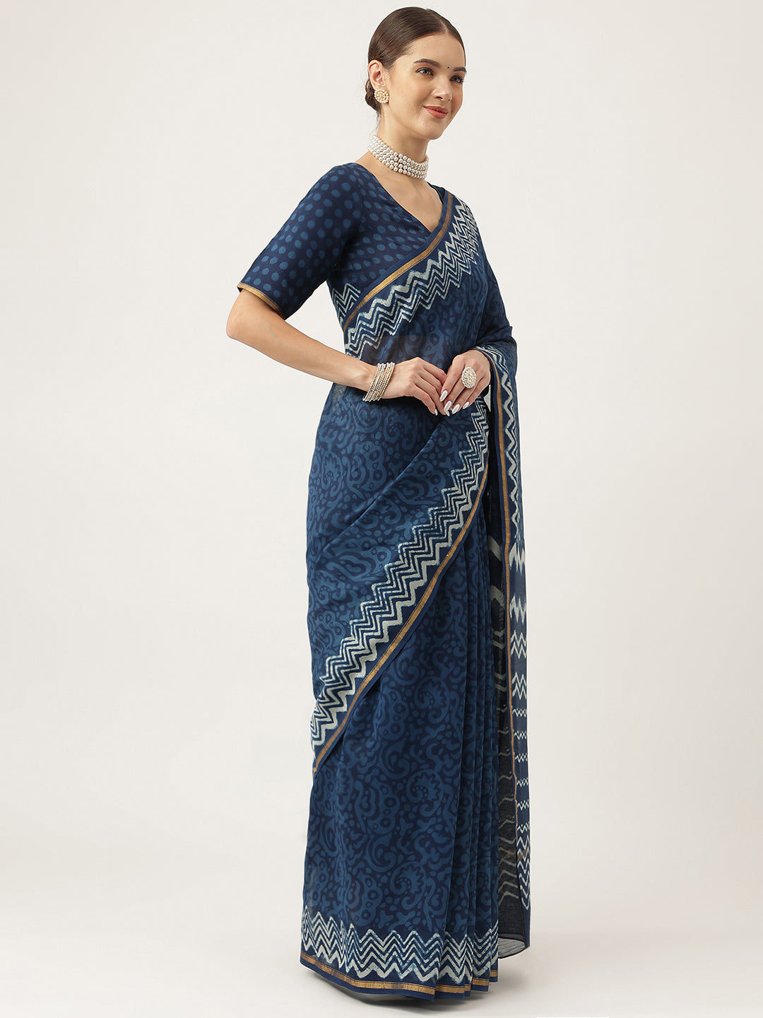 Indigo Blue Hand Block Chanderi Silk Saree | LASVINI - Redefining Indian Fashion with Elegance
