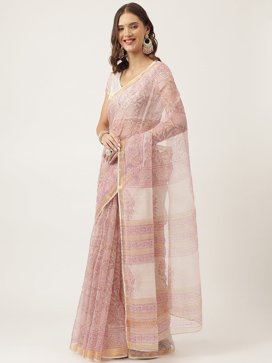 Pink Hand Block Cotton Kota Doria Saree | LASVINI - Redefining Indian Fashion with Elegance