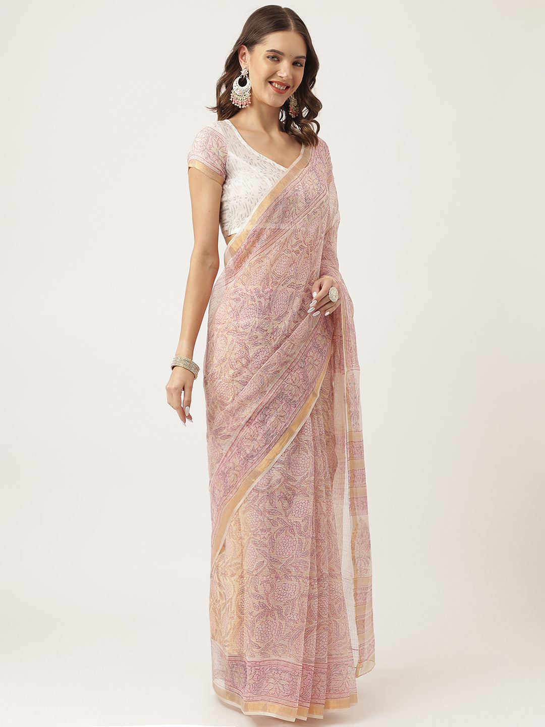 Pink Hand Block Cotton Kota Doria Saree | LASVINI - Redefining Indian Fashion with Elegance