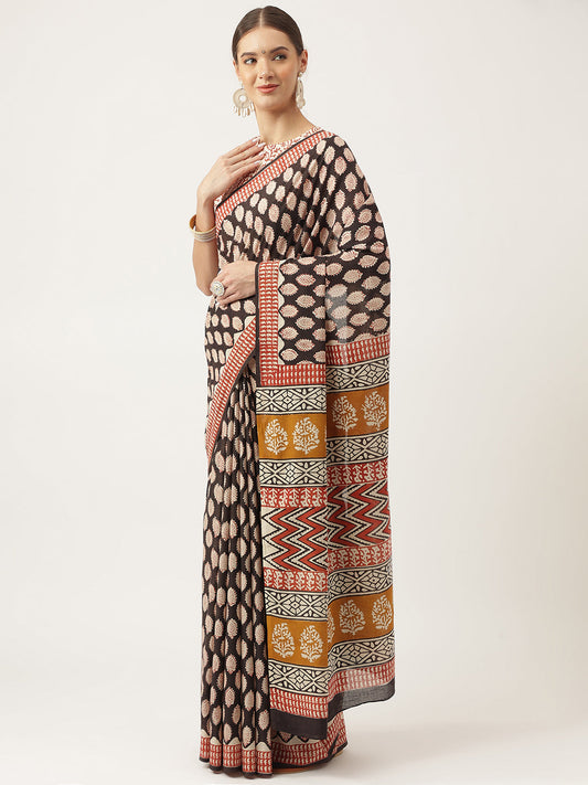Black & Beige Hand Block Mulmul Cotton Saree | LASVINI - Redefining Indian Fashion with Elegance