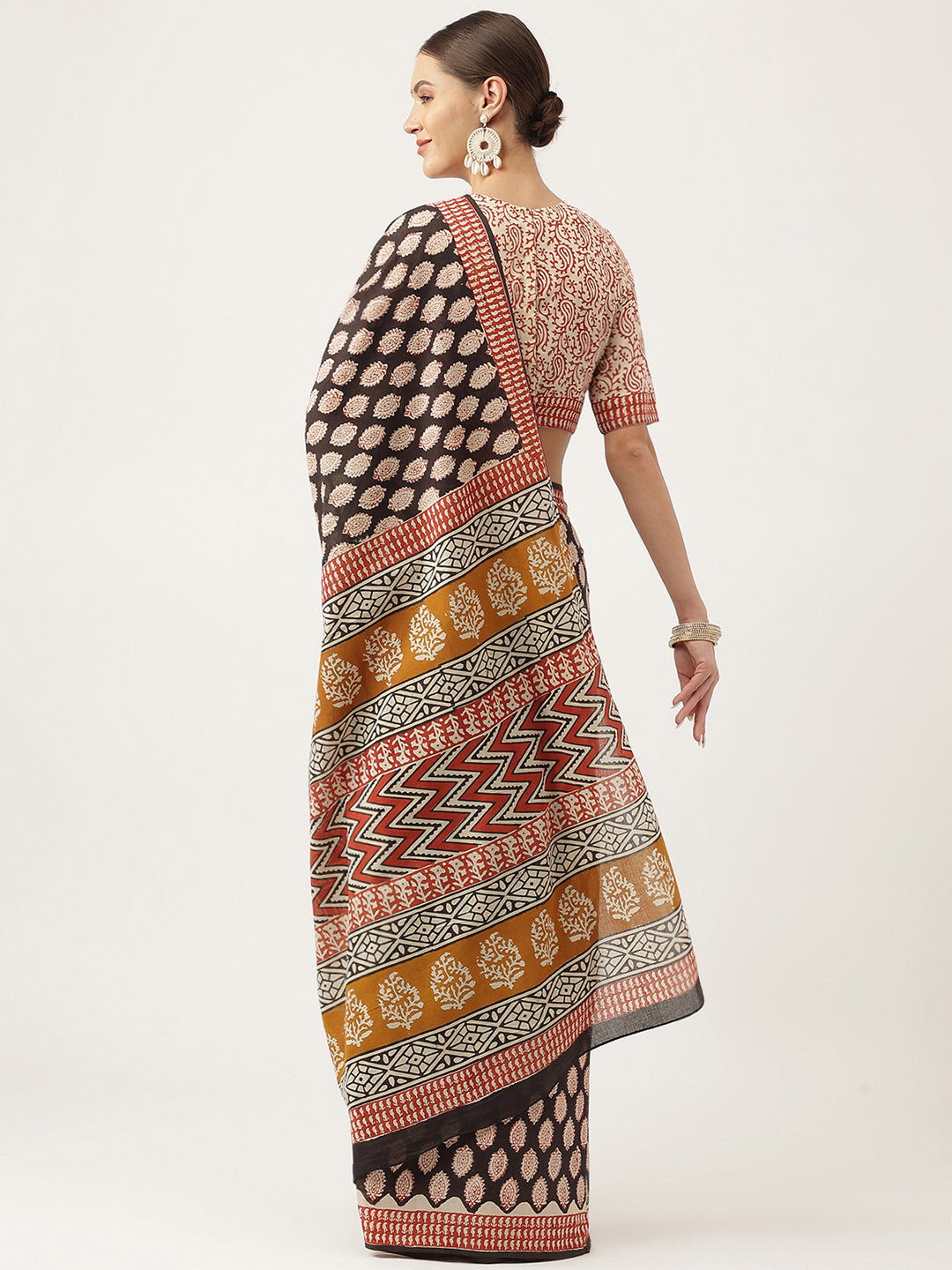 Black & Beige Hand Block Mulmul Cotton Saree | LASVINI - Redefining Indian Fashion with Elegance