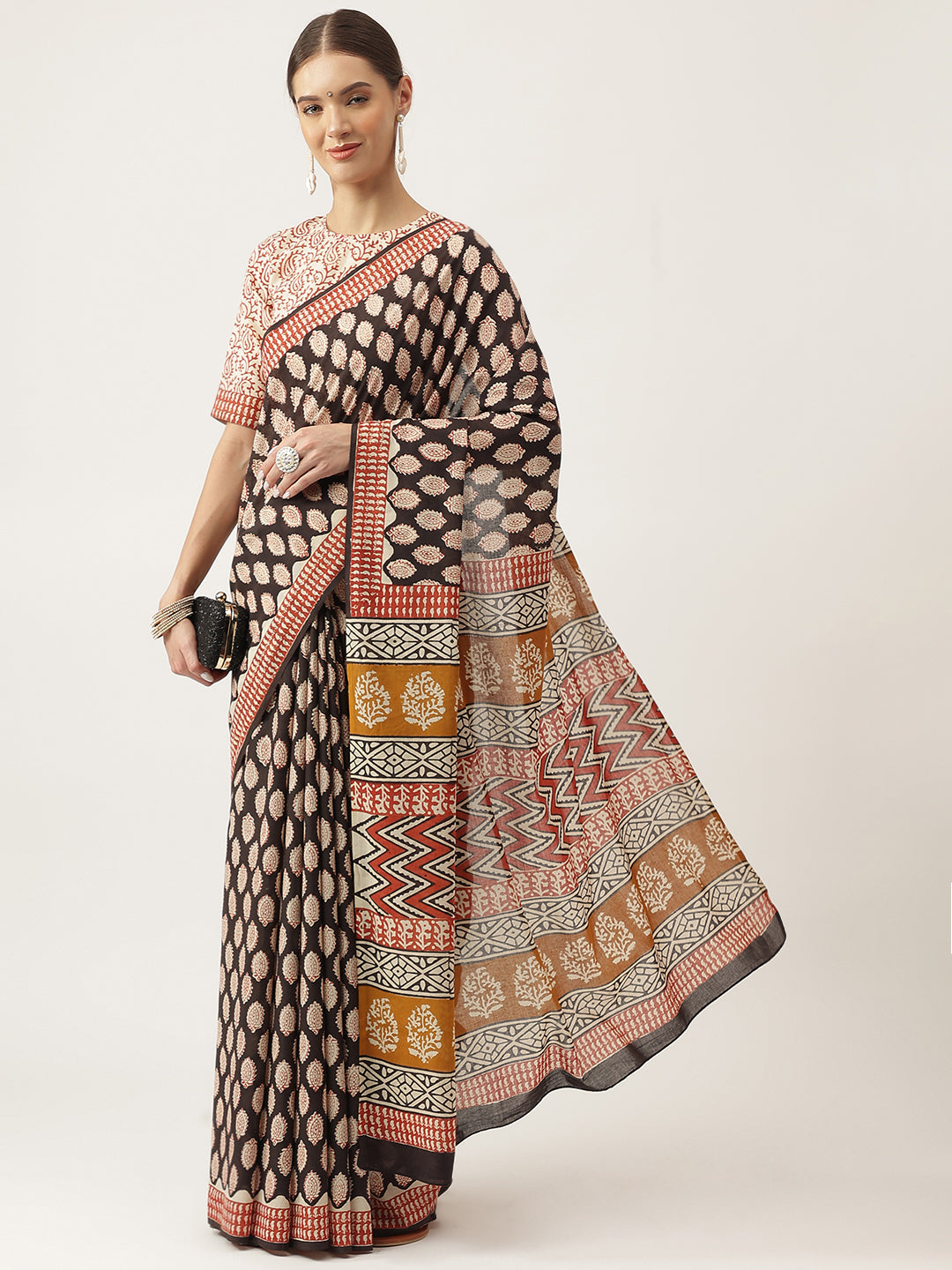 Black & Beige Hand Block Mulmul Cotton Saree | LASVINI - Redefining Indian Fashion with Elegance