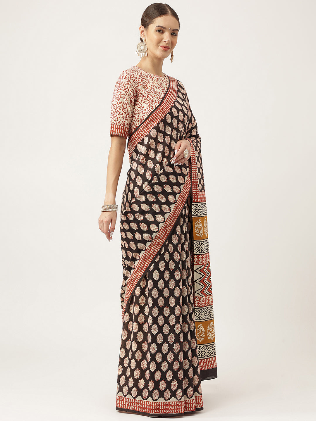 Black & Beige Hand Block Mulmul Cotton Saree | LASVINI - Redefining Indian Fashion with Elegance