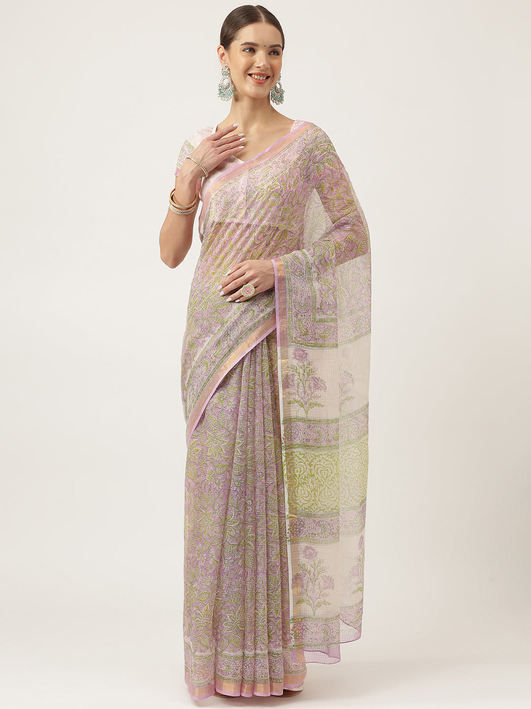 Purple Hand Block Kota Doria Saree | LASVINI - Redefining Indian Fashion with Elegance