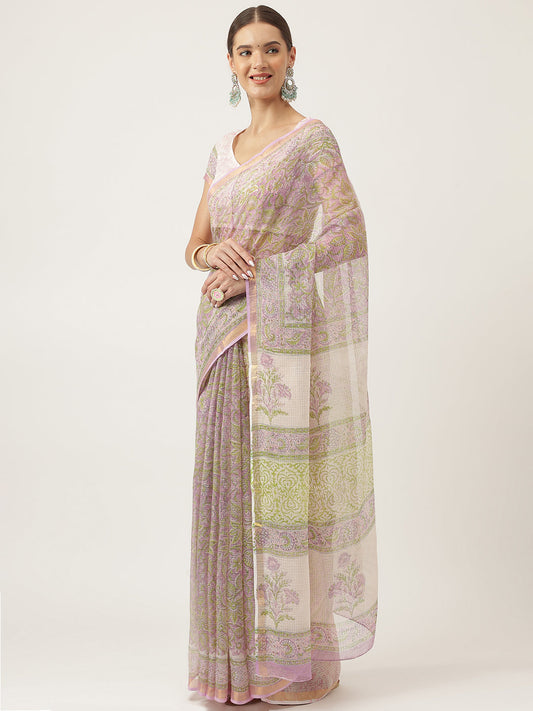 Purple Hand Block Kota Doria Saree | LASVINI - Redefining Indian Fashion with Elegance