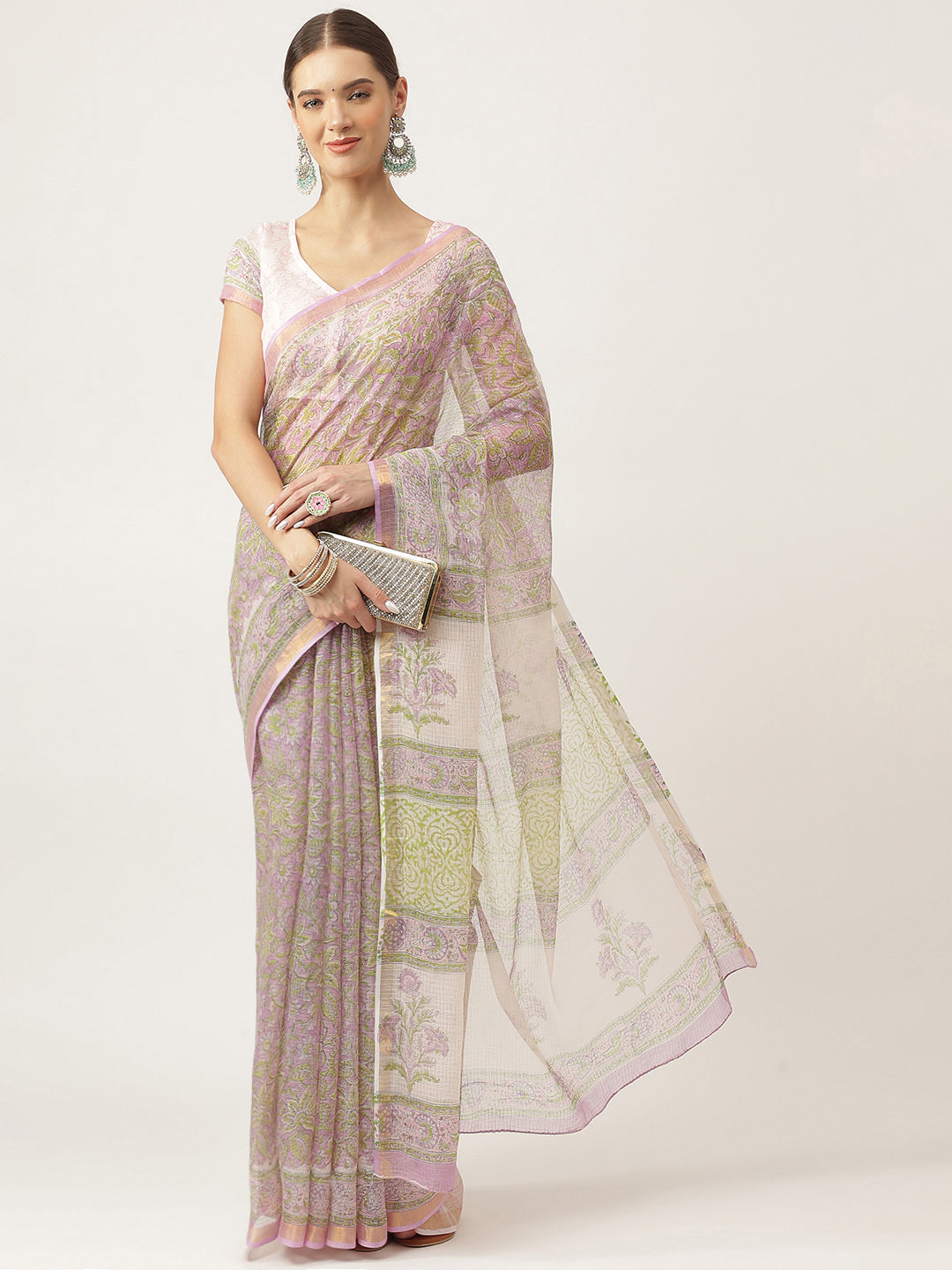 Purple Hand Block Kota Doria Saree | LASVINI - Redefining Indian Fashion with Elegance