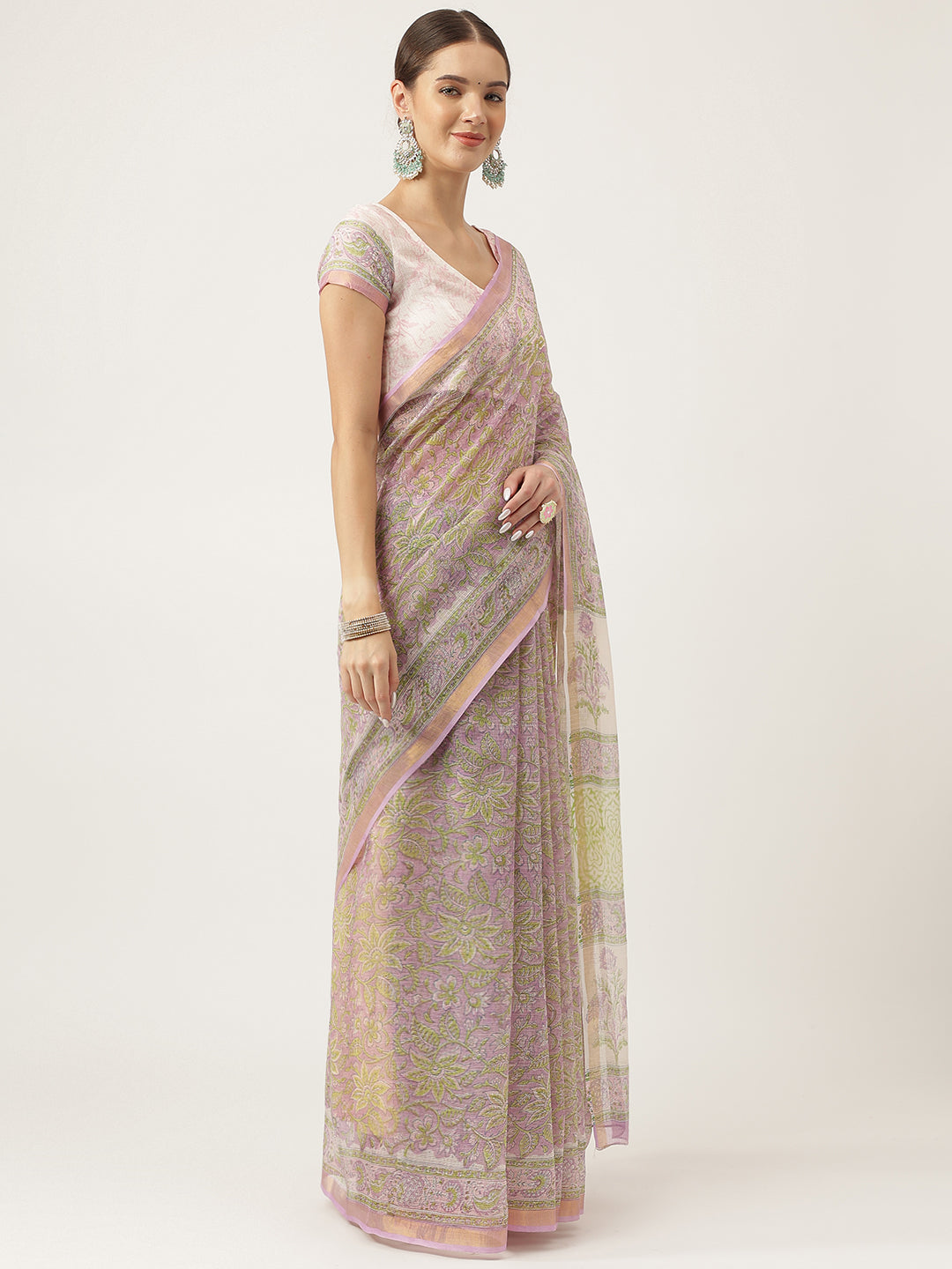 Purple Hand Block Kota Doria Saree | LASVINI - Redefining Indian Fashion with Elegance
