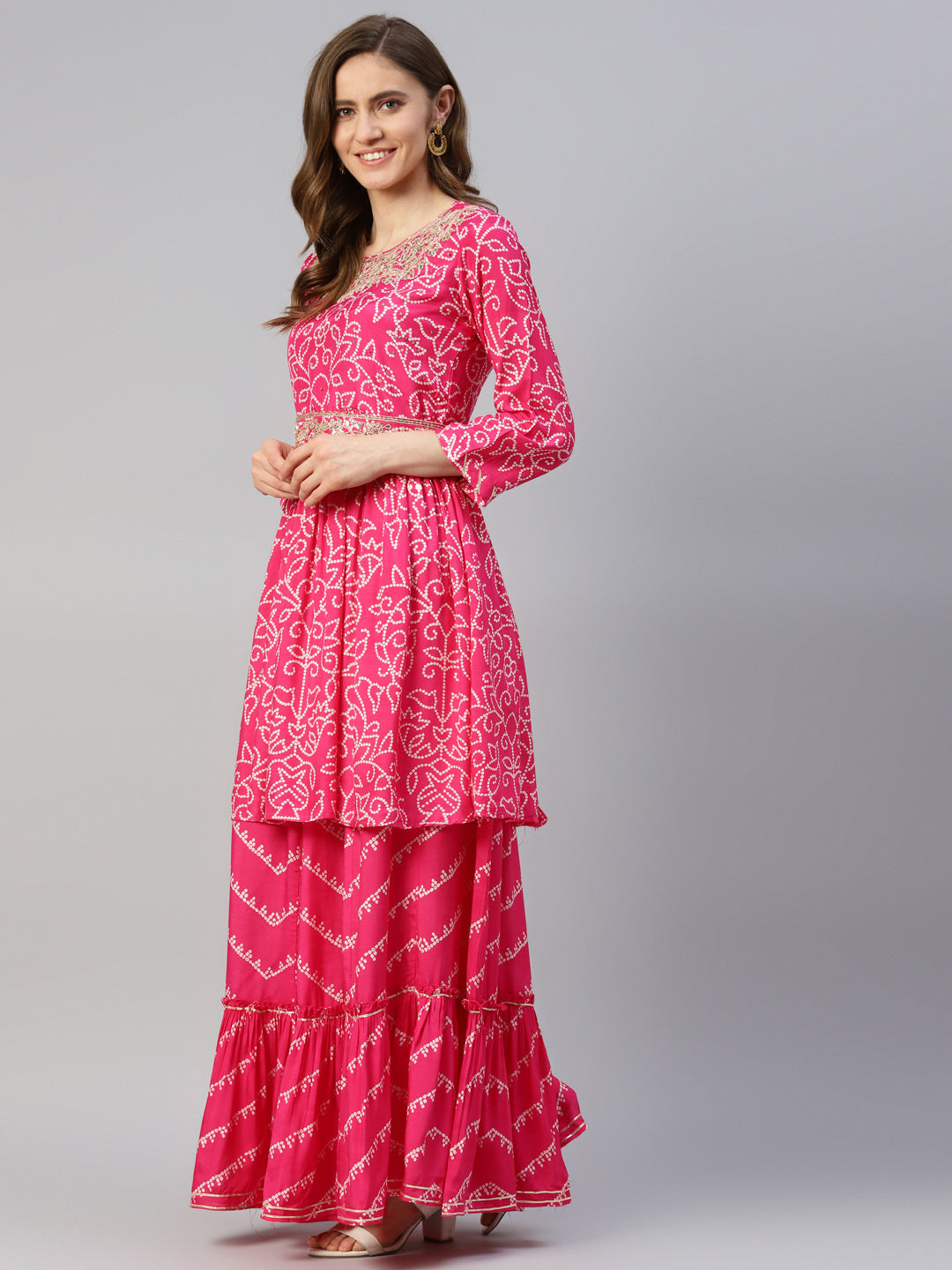 Women Pink Muslin Bandhani Printed Embroidary Peplum Kurta Sharara Set With Dupatta | LASVINI - Redefining Indian Fashion with Elegance
