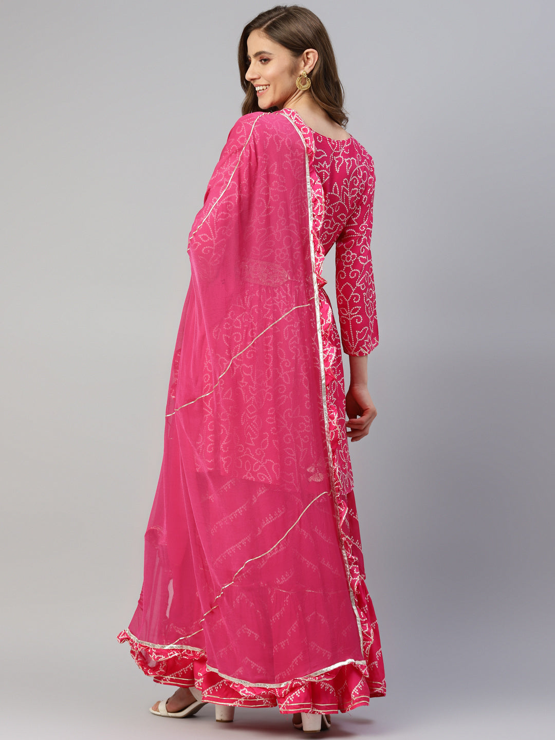 Women Pink Muslin Bandhani Printed Embroidary Peplum Kurta Sharara Set With Dupatta | LASVINI - Redefining Indian Fashion with Elegance