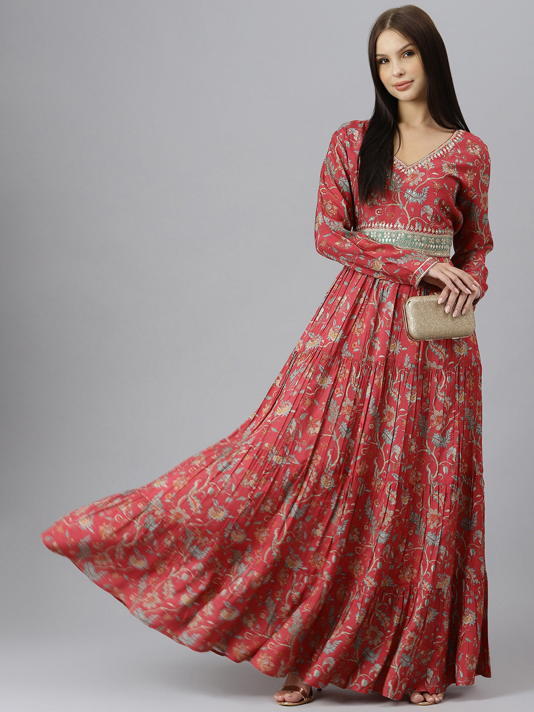 Women Maroon Floral Printed Muslin Flared Gown | LASVINI - Redefining Indian Fashion with Elegance