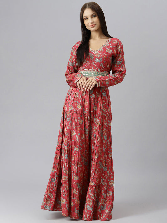 Women Maroon Floral Printed Muslin Flared Gown | LASVINI - Redefining Indian Fashion with Elegance