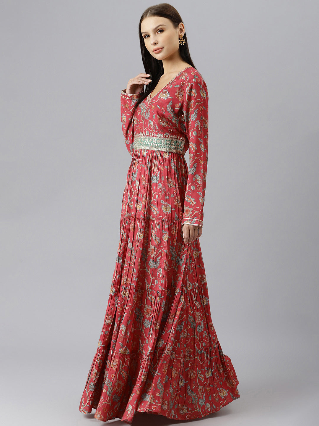 Women Maroon Floral Printed Muslin Flared Gown | LASVINI - Redefining Indian Fashion with Elegance