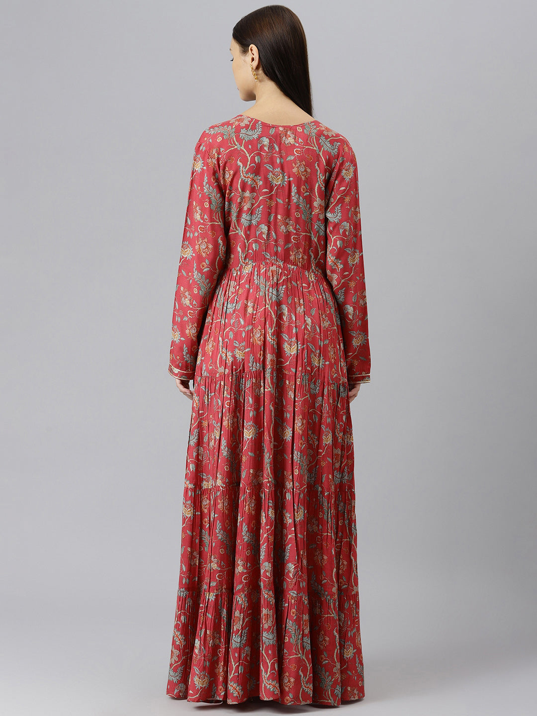 Women Maroon Floral Printed Muslin Flared Gown | LASVINI - Redefining Indian Fashion with Elegance