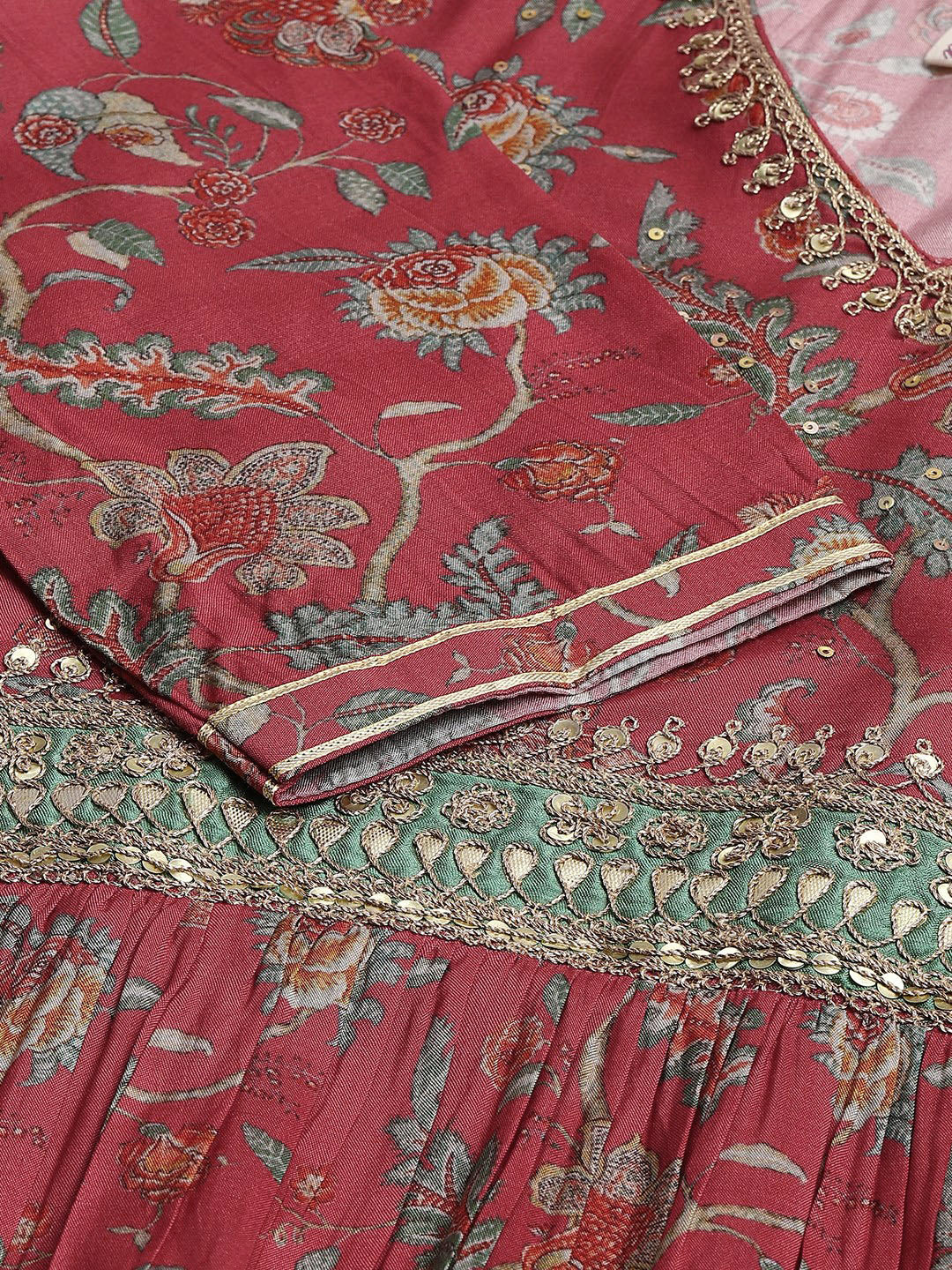 Women Maroon Floral Printed Muslin Flared Gown | LASVINI - Redefining Indian Fashion with Elegance