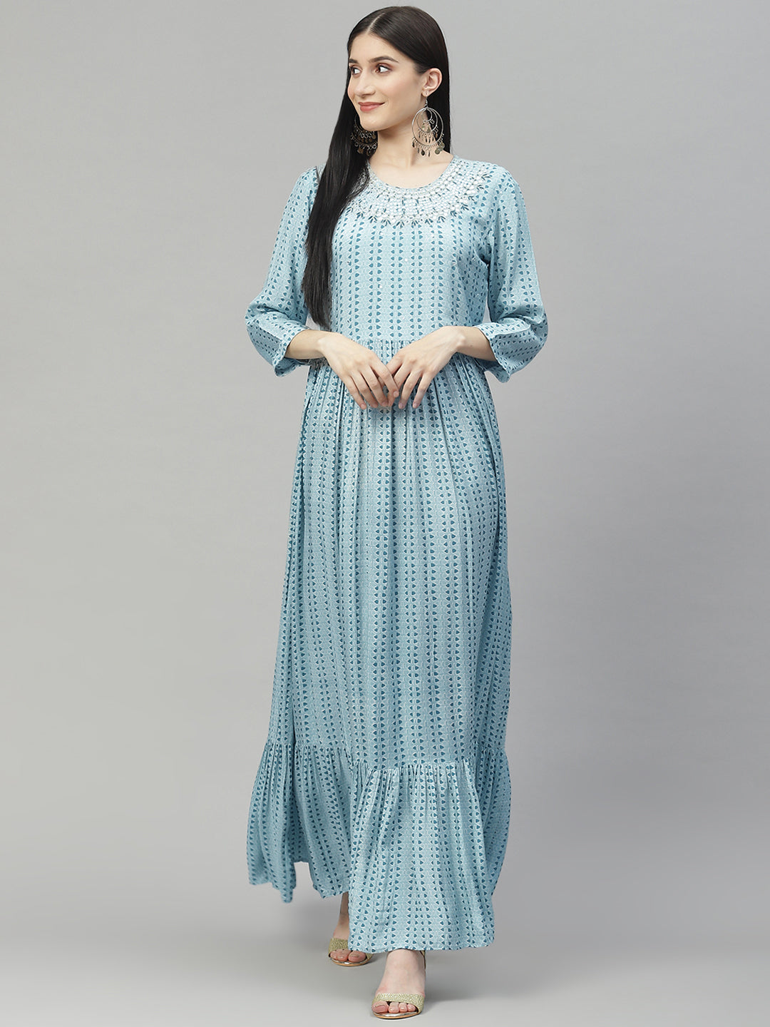 Women Blue Muslin Flared Gown | LASVINI - Redefining Indian Fashion with Elegance
