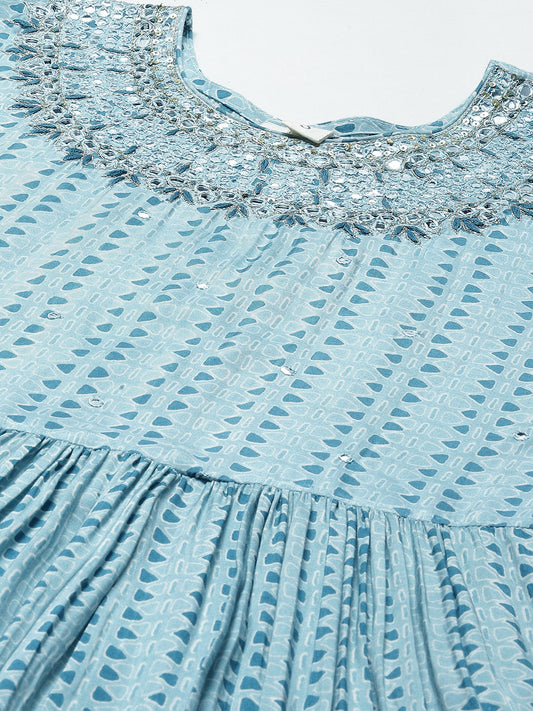 Women Blue Muslin Flared Gown | LASVINI - Redefining Indian Fashion with Elegance