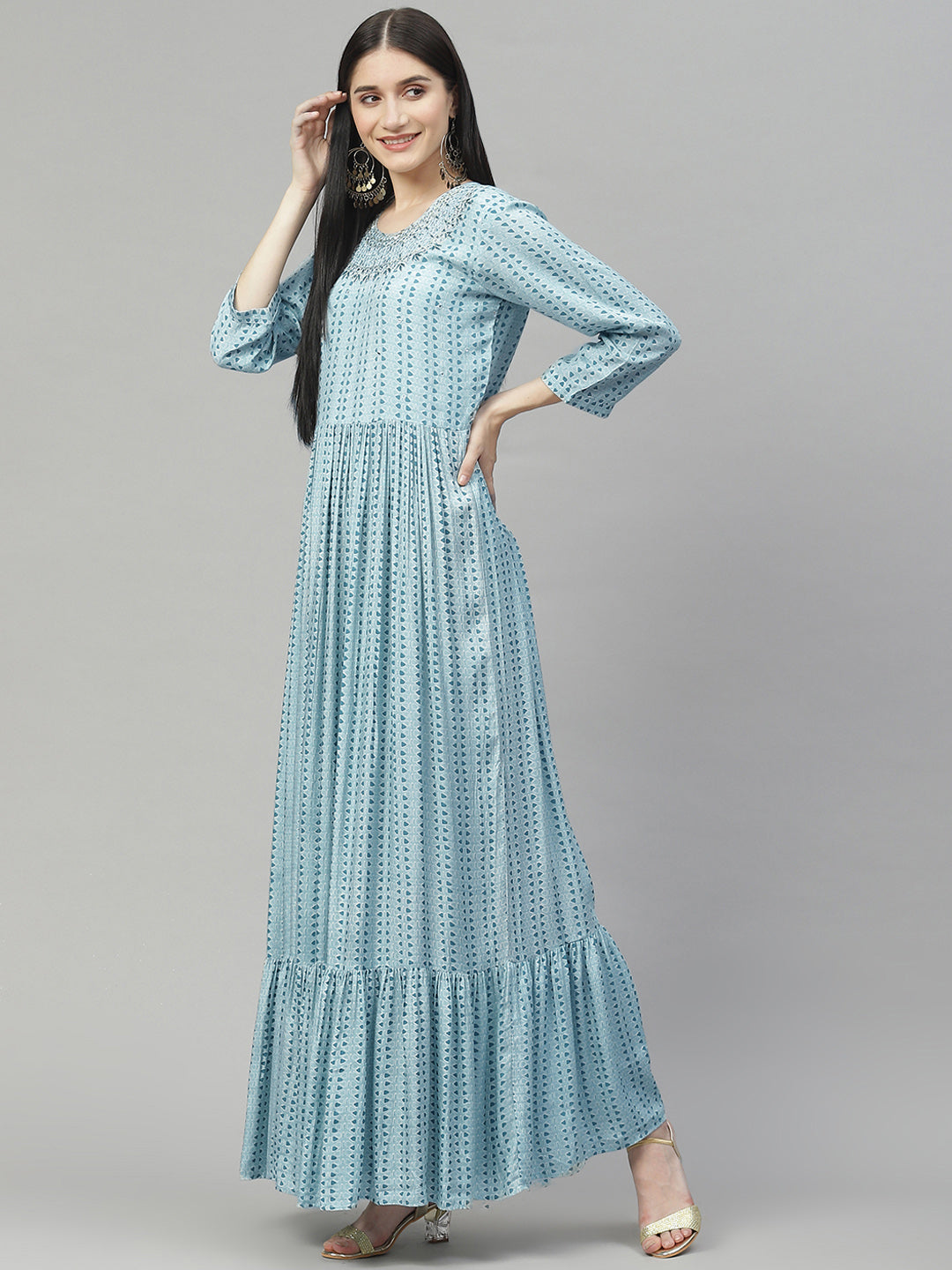 Women Blue Muslin Flared Gown | LASVINI - Redefining Indian Fashion with Elegance