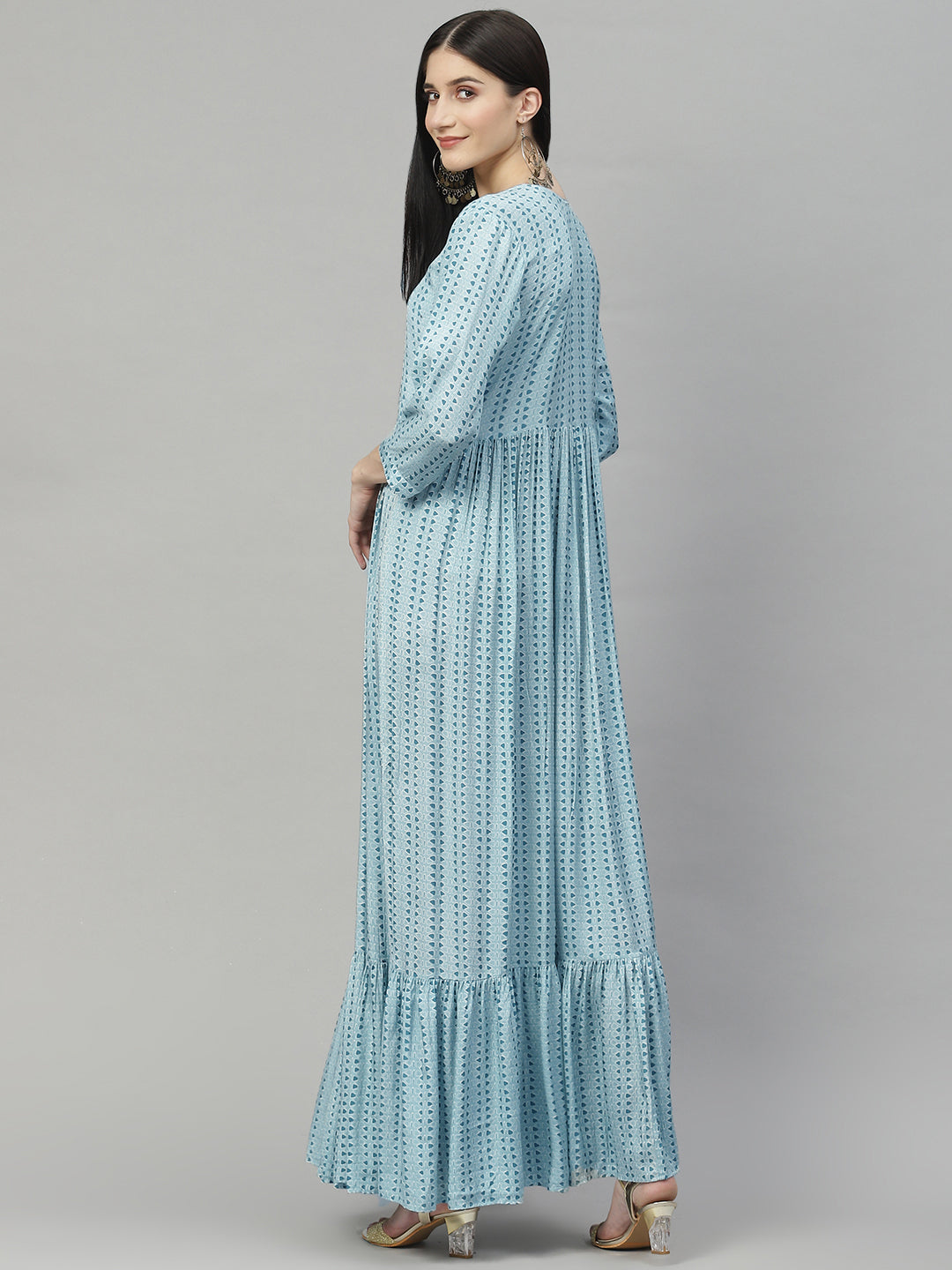 Women Blue Muslin Flared Gown | LASVINI - Redefining Indian Fashion with Elegance