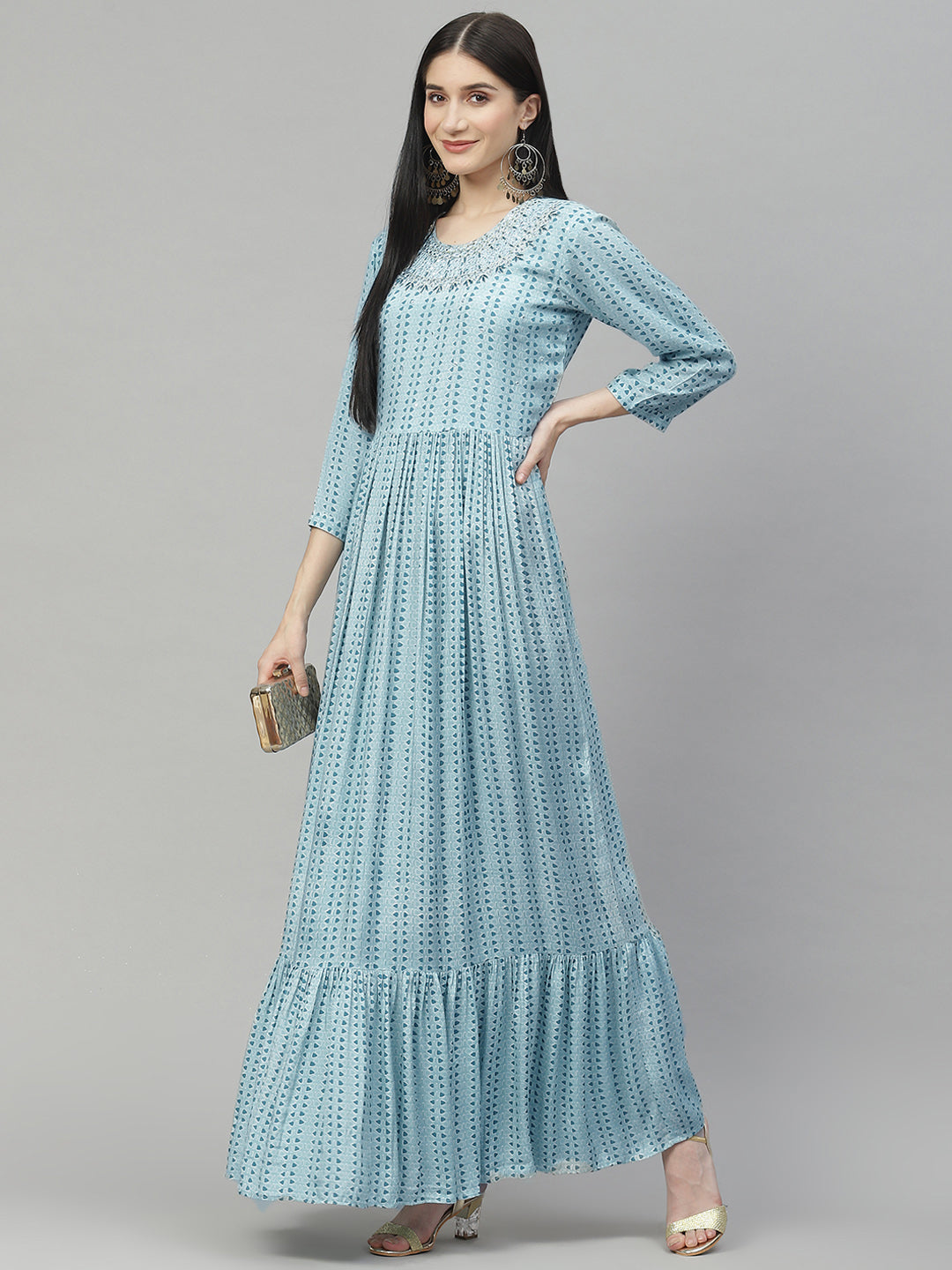Women Blue Muslin Flared Gown | LASVINI - Redefining Indian Fashion with Elegance