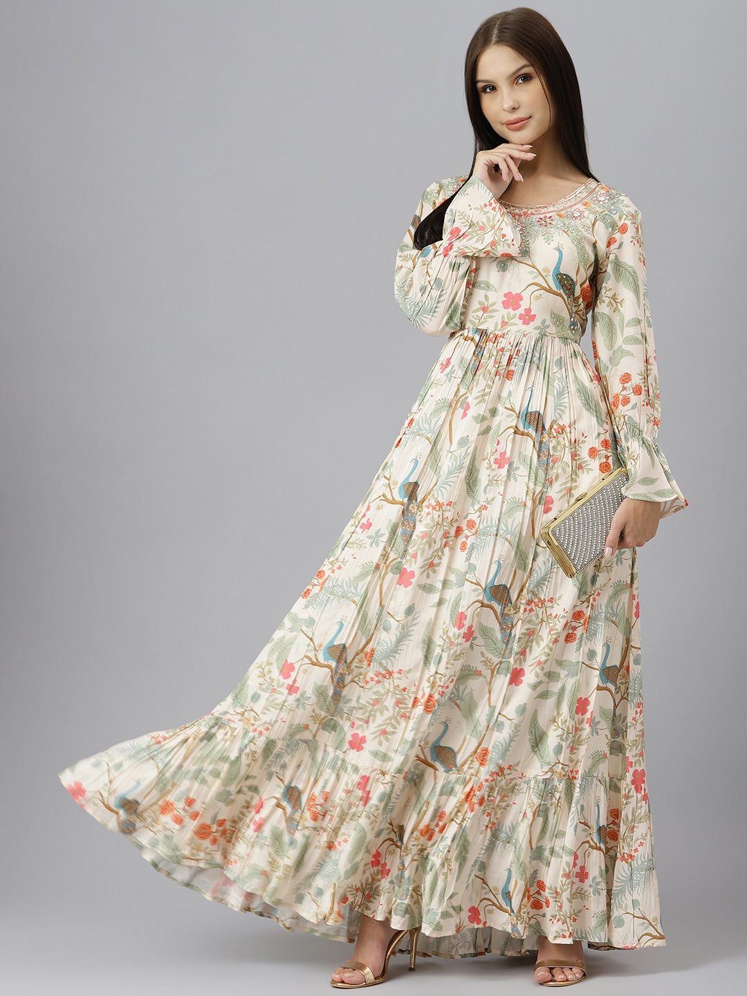 Women Light Pink Muslin Flared Gown | LASVINI - Redefining Indian Fashion with Elegance