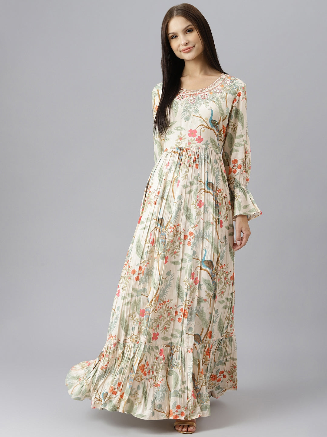 Women Light Pink Muslin Flared Gown | LASVINI - Redefining Indian Fashion with Elegance
