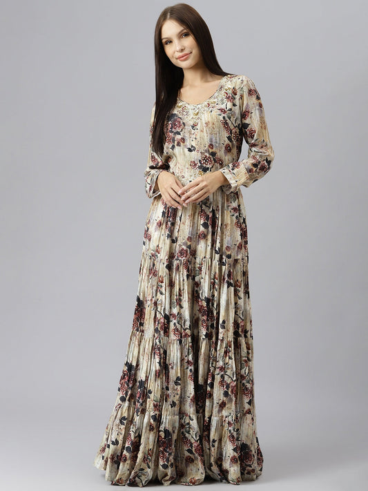 Women Cream Floral Printed Muslin Flared Gown | LASVINI - Redefining Indian Fashion with Elegance