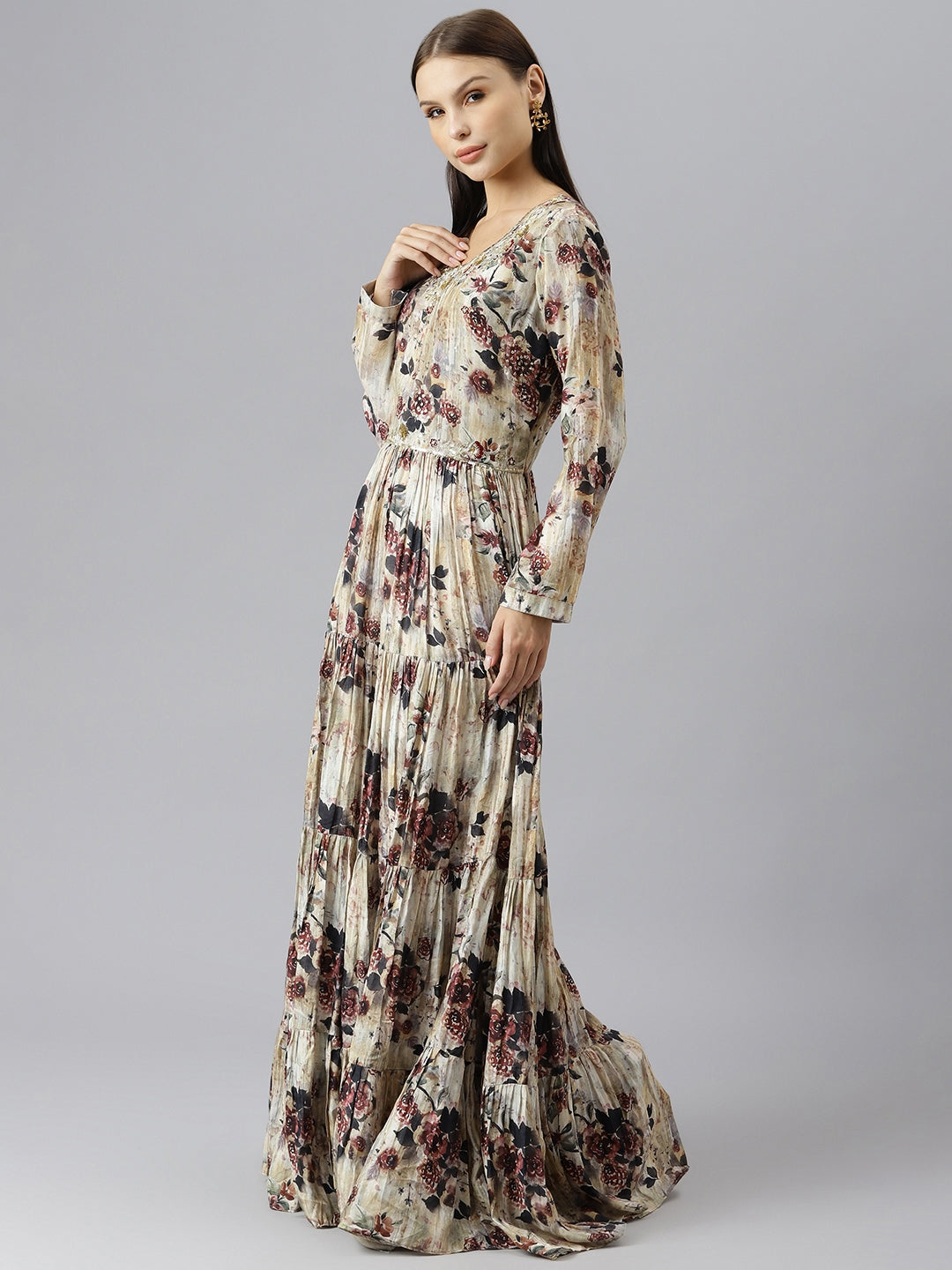 Women Cream Floral Printed Muslin Flared Gown | LASVINI - Redefining Indian Fashion with Elegance
