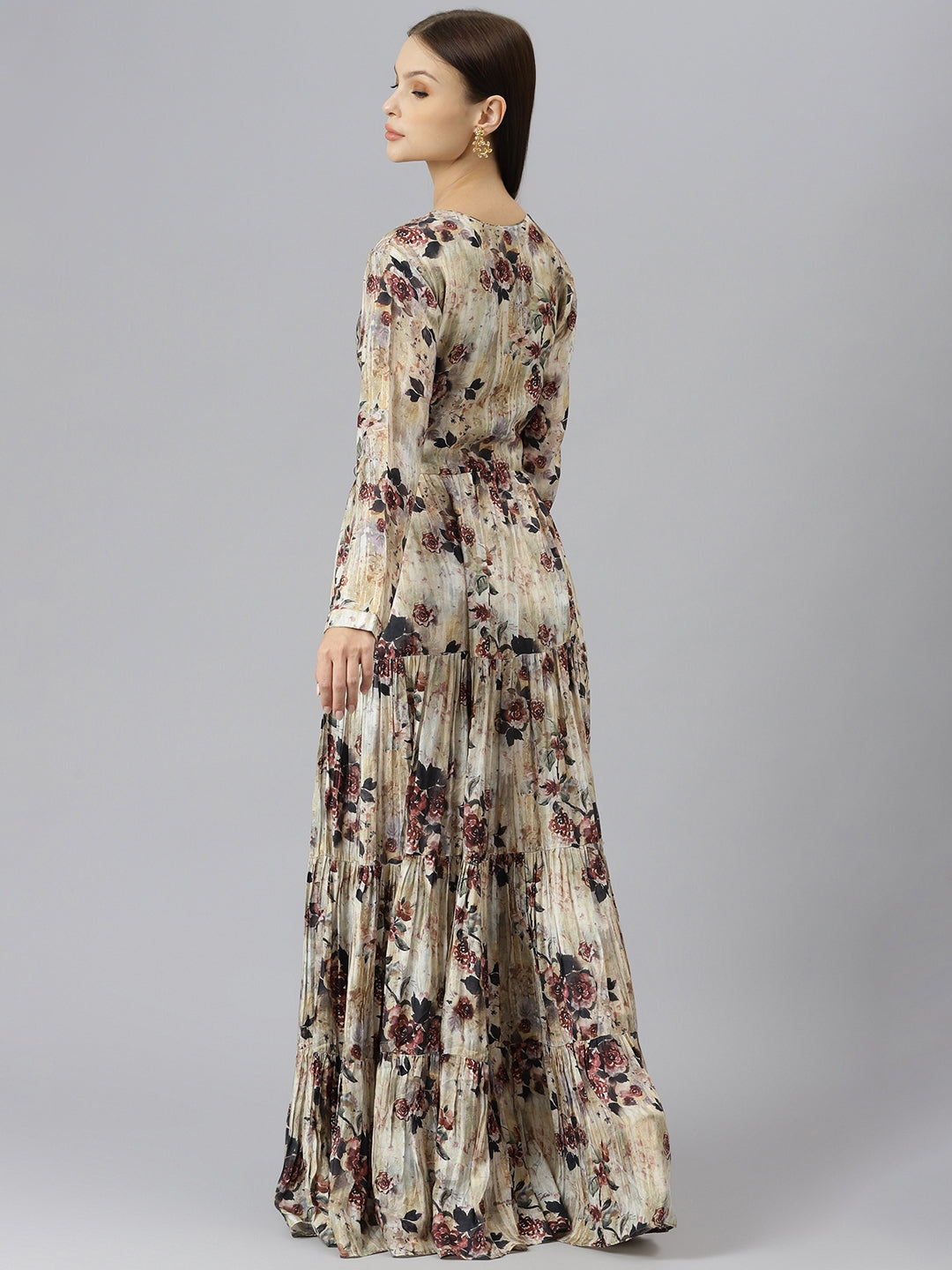 Women Cream Floral Printed Muslin Flared Gown | LASVINI - Redefining Indian Fashion with Elegance