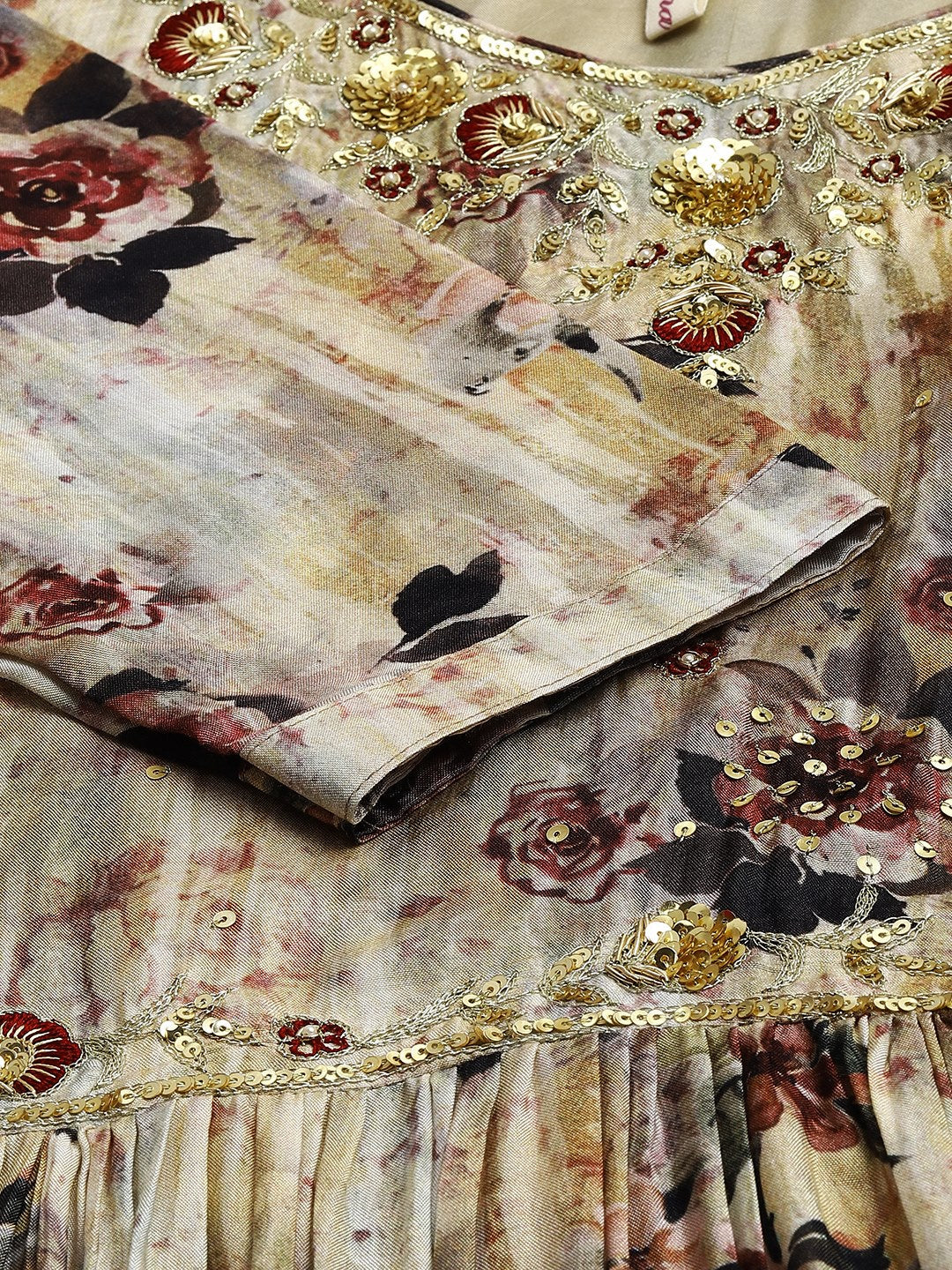 Women Cream Floral Printed Muslin Flared Gown | LASVINI - Redefining Indian Fashion with Elegance