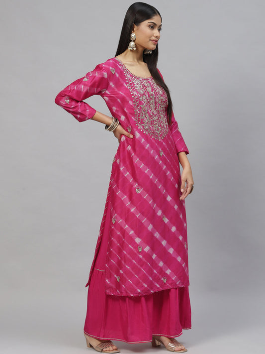 Women Dark Pink Pure Rassion Chenderi Kurta Sharara Set With Dupatta | LASVINI - Redefining Indian Fashion with Elegance