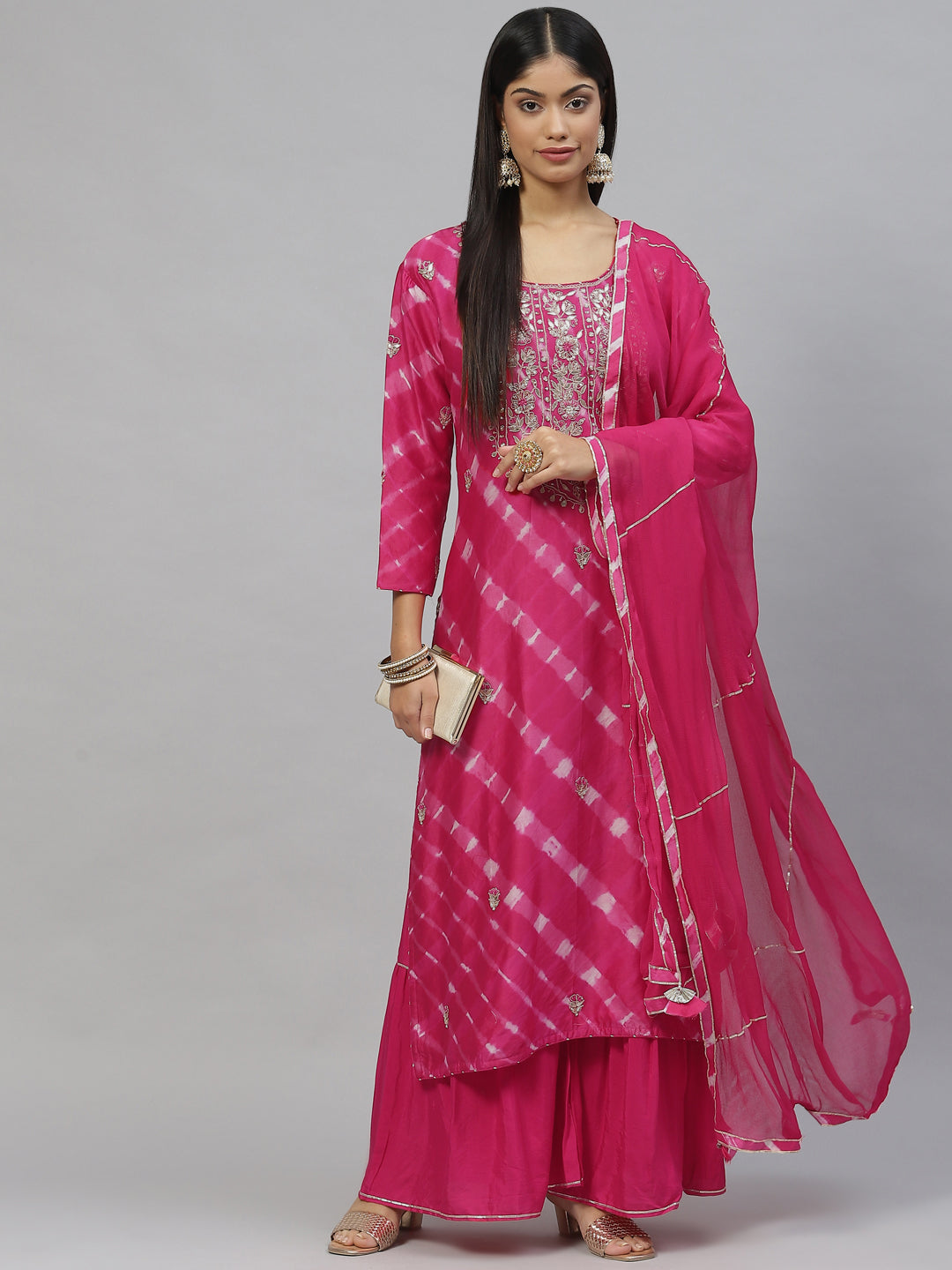 Women Dark Pink Pure Rassion Chenderi Kurta Sharara Set With Dupatta | LASVINI - Redefining Indian Fashion with Elegance