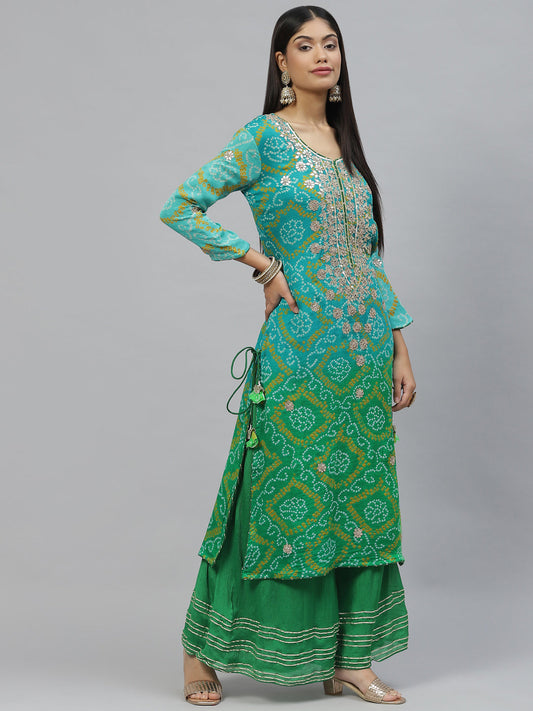 Women Pure Chinon Rama Green Bandhani Printed Kurta Sharara Set With Dupatta | LASVINI - Redefining Indian Fashion with Elegance