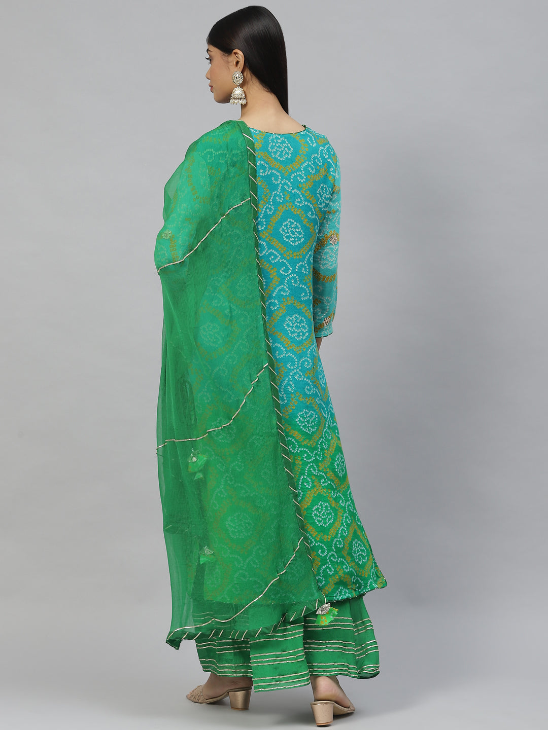Women Pure Chinon Rama Green Bandhani Printed Kurta Sharara Set With Dupatta | LASVINI - Redefining Indian Fashion with Elegance