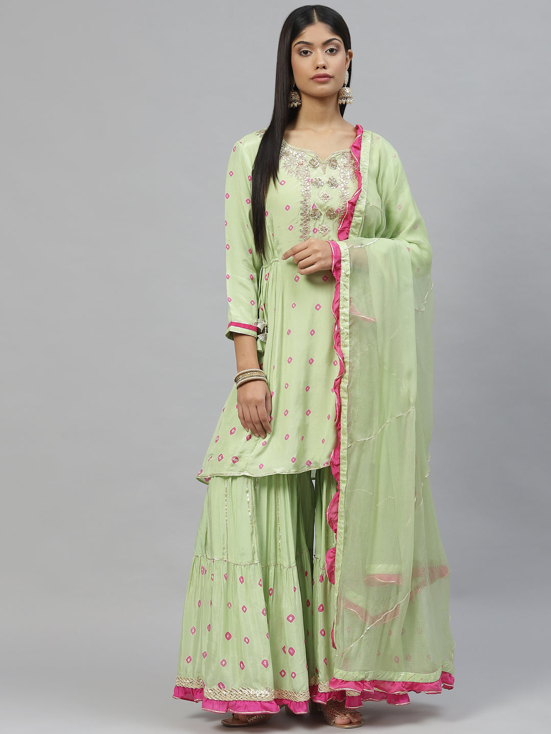 Women Green Pure Muslin Peplum Hand Embroidery Kurta Sharara With Chiffon Dupatta | LASVINI - Redefining Indian Fashion with Elegance