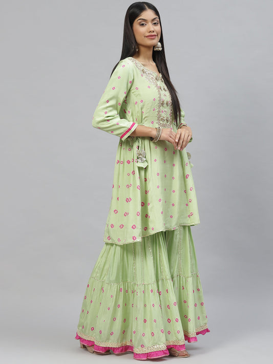 Women Green Pure Muslin Peplum Hand Embroidery Kurta Sharara With Chiffon Dupatta | LASVINI - Redefining Indian Fashion with Elegance