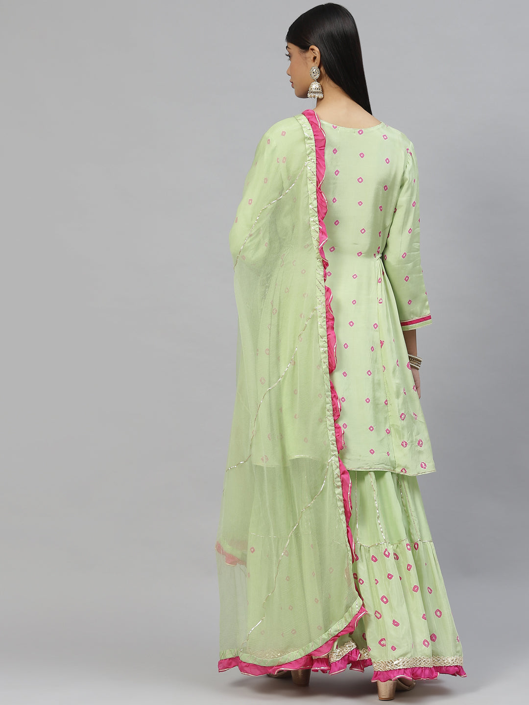 Women Green Pure Muslin Peplum Hand Embroidery Kurta Sharara With Chiffon Dupatta | LASVINI - Redefining Indian Fashion with Elegance