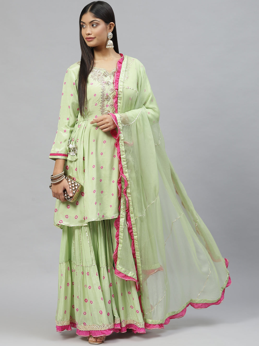 Women Green Pure Muslin Peplum Hand Embroidery Kurta Sharara With Chiffon Dupatta | LASVINI - Redefining Indian Fashion with Elegance